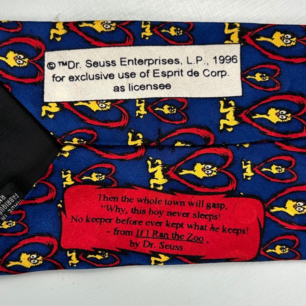 Vintage 1996 Dr Seuss If I Ran The Zoo Silk Tie Blue Red Heart Esprit Men Access - Picture 3 of 6